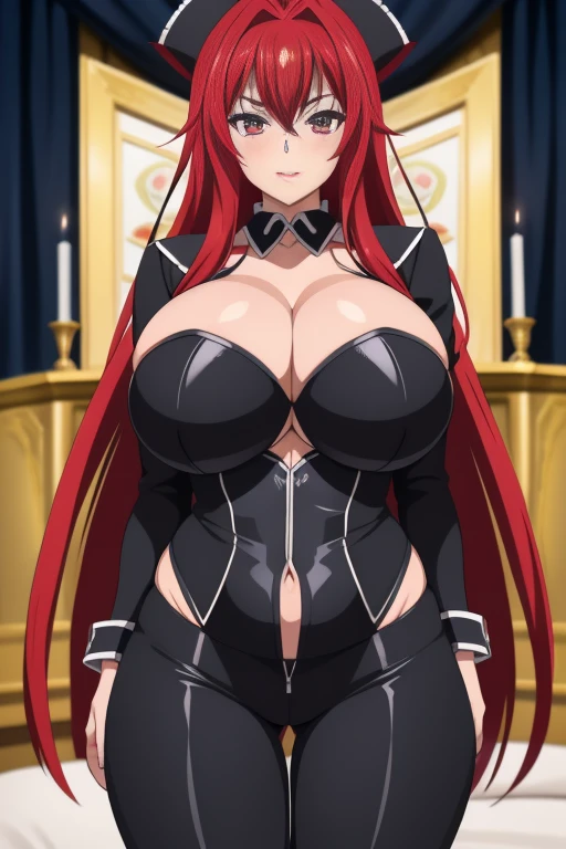 highschool dxd, gremory maquillaje, 1 chica, (((Cabeza hueca))), labios hinchados, Ojos azules Pelo largo y rojo, labios pintados, labios gruesos, Caderas anchas, muslos gruesos, grandes pechos naturales, culo enorme, erotic, cara de la sonrisa, tope de burbuja, senos, pantalones vaqueros azules, sujetador blanco, standing in front of me, Signos con las manos