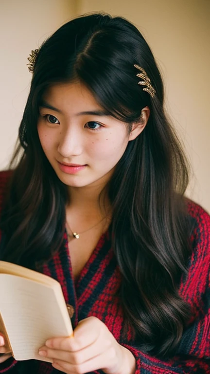 A girl with long hair with an open book in her hands talking and another girl listening