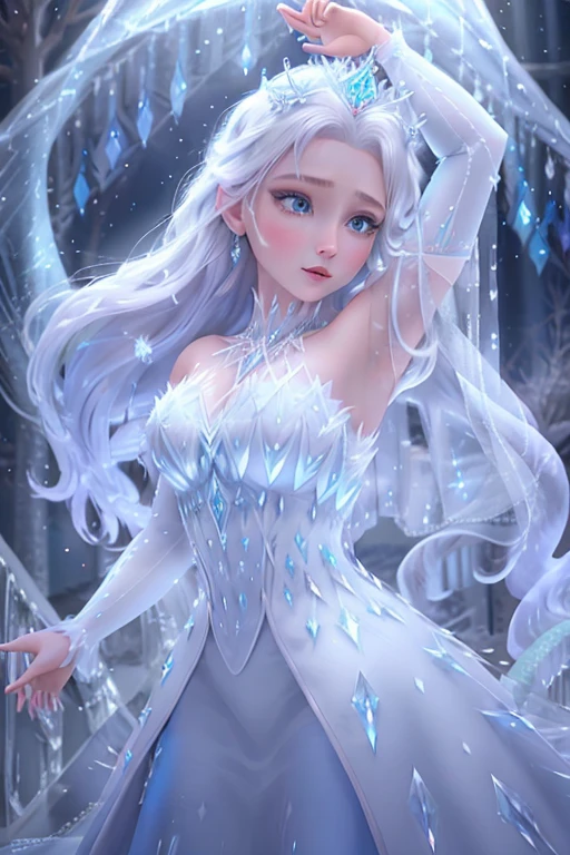 blue gown, ice palace, elegant pose, magical snowflakes, icy powers, winter wonderland, sparkling tiara, frozen beauty, shimmering aurora borealis, enchanted atmosphere, breathtaking intricacy, majestic presence, frosty breath, ethereal charm, regal queen, magical transformation, wintry landscape, graceful movements, mesmerizing ice sculptures, cold and frosty world, serene and powerful, enchanted queen, icy blue eyes. (best quality, highres), intricate crystal details, shimmering transparency, sparkling accents, ethereal lighting.