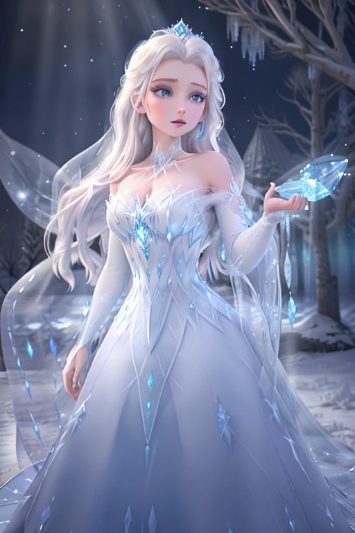 blue gown, ice palace, elegant pose, magical snowflakes, icy powers, winter wonderland, sparkling tiara, frozen beauty, shimmering aurora borealis, enchanted atmosphere, breathtaking intricacy, majestic presence, frosty breath, ethereal charm, regal queen, magical transformation, wintry landscape, graceful movements, mesmerizing ice sculptures, cold and frosty world, serene and powerful, enchanted queen, icy blue eyes. (best quality, highres), intricate crystal details, shimmering transparency, sparkling accents, ethereal lighting.