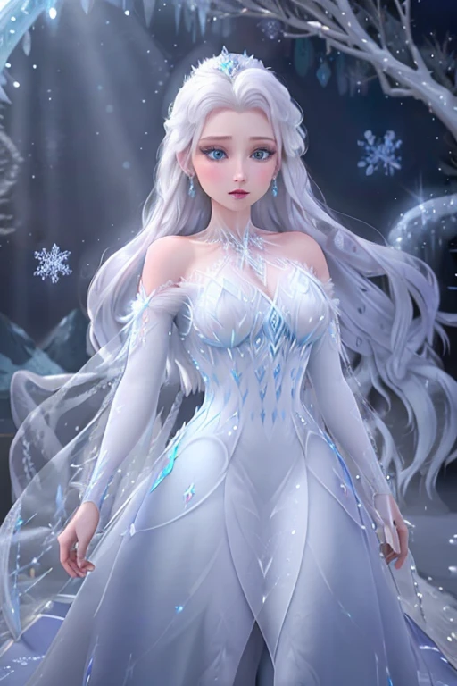 blue gown, ice palace, elegant pose, magical snowflakes, icy powers, winter wonderland, sparkling tiara, frozen beauty, shimmering aurora borealis, enchanted atmosphere, breathtaking intricacy, majestic presence, frosty breath, ethereal charm, regal queen, magical transformation, wintry landscape, graceful movements, mesmerizing ice sculptures, cold and frosty world, serene and powerful, enchanted queen, icy blue eyes. (best quality, highres), intricate crystal details, shimmering transparency, sparkling accents, ethereal lighting.