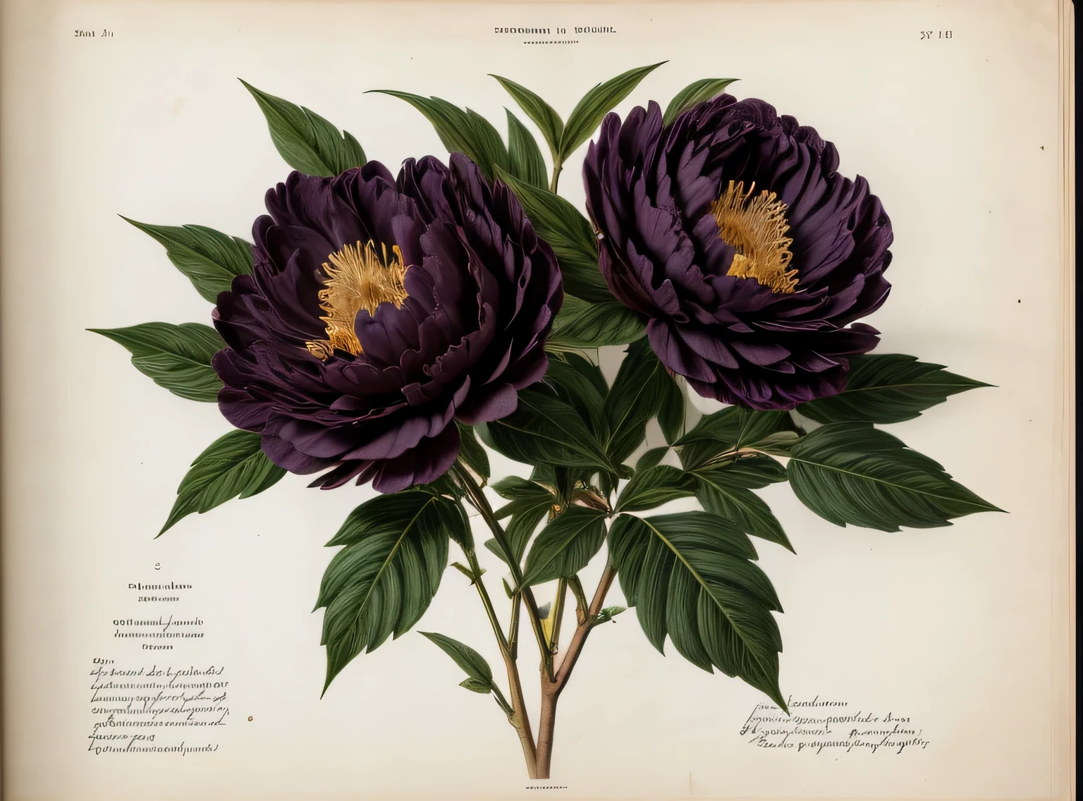 (melhor qualidade:1.2), (detalhado:1.2), (obra de arte:1.2), vintage botanical illustrations of black peonies (1770 1775) in high resolution by John Edwards