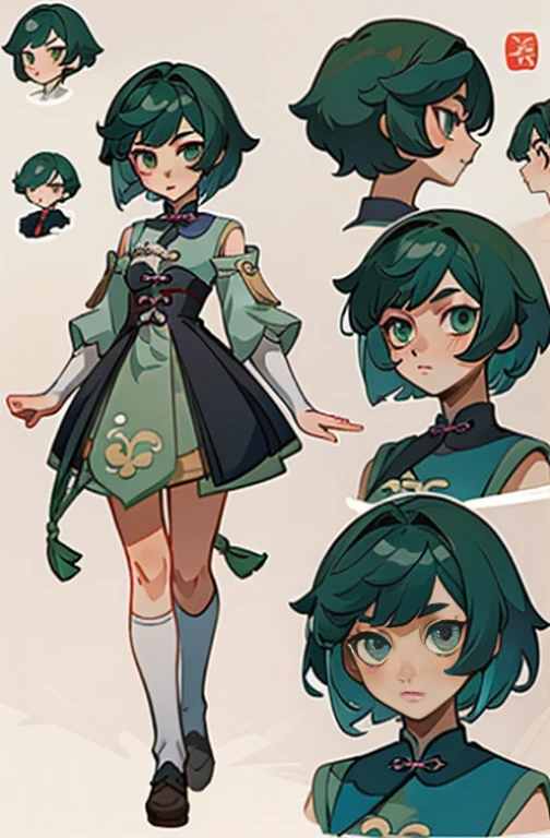 Close up of a girl with dark green hair with short hair，Wear a simple dress，Chinese girl design，Genshin level detailed art，Anime character design，anime concept art，pretty anime character design，anime character reference sheet，[character  design]