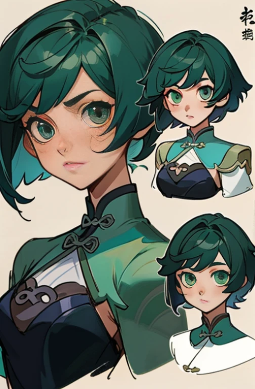 Close up of a girl with dark green hair with short hair，Wear a simple dress，Chinese girl design，Genshin level detailed art，Anime character design，anime concept art，pretty anime character design，anime character reference sheet，[character  design]