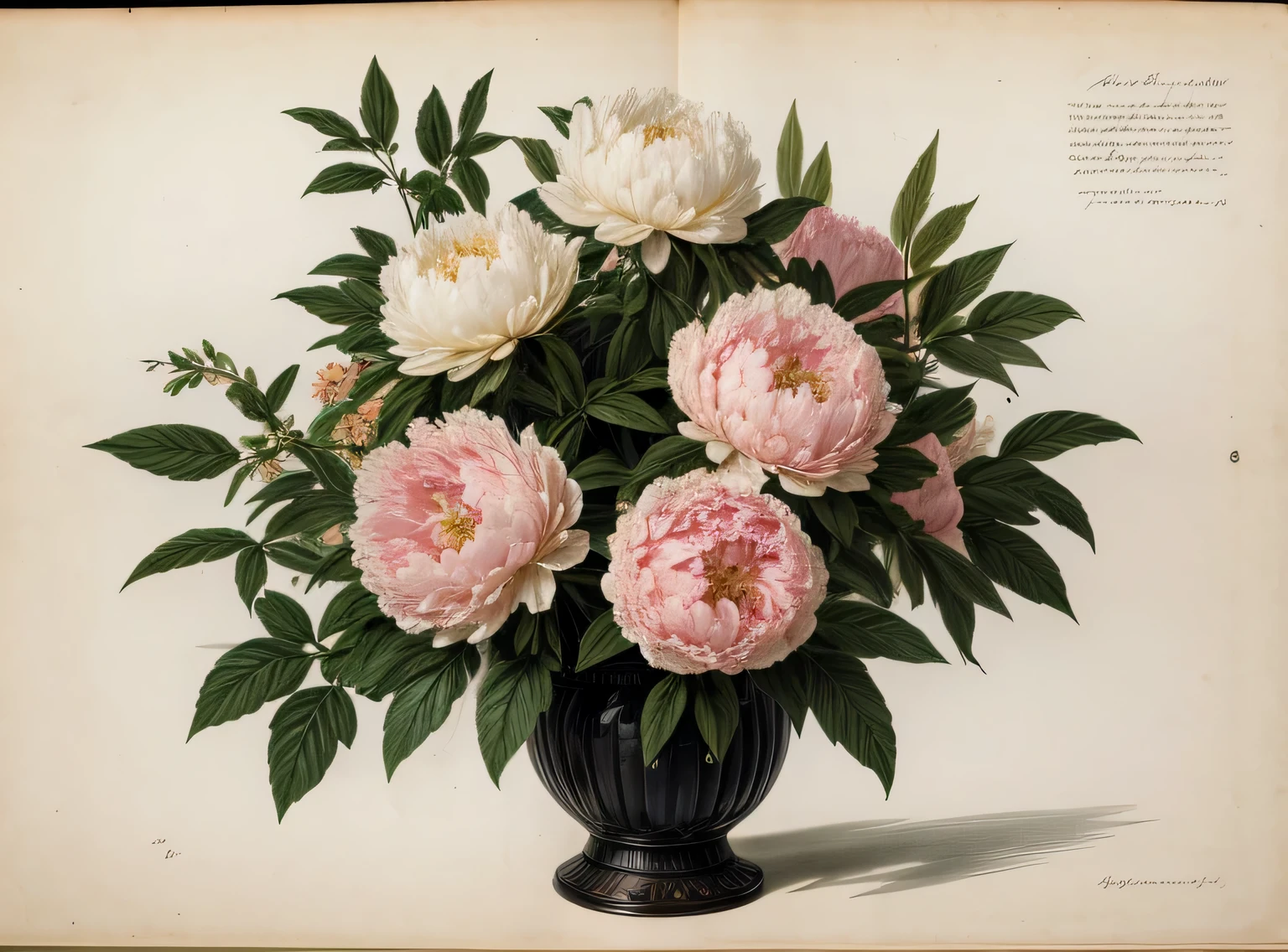 (melhor qualidade:1.2), (detalhado:1.2), (obra de arte:1.2), vintage botanical illustrations of black peonies (1770 1775) in high resolution by John Edwards