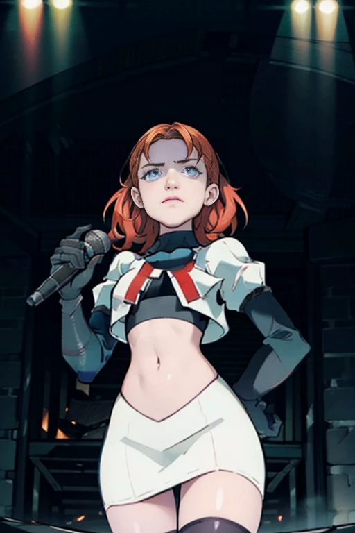 Annette War is wearing the Team Rocket uniform, which consists of a white skirt and a white crop top. She completes her outfit with black thigh-highs and black elbow gloves. The uniform prominently features a red letter R on the chest. Annette War is standing on a stage, looking down at a crowd of people. In her hand, she holds a microphone, which she uses to brainwash the audience with her captivating voice. The scene is illuminated by stage lights, casting a dramatic glow on Annette and the crowd. The artwork should have the best quality and resolution, with vibrant colors and ultra-detailed elements. The overall style of the image should reflect a mix of portraits and concept art, creating a visually stunning piece. The color palette should emphasize the contrasting red and white colors of the Team Rocket uniform, creating an eye-catching composition.