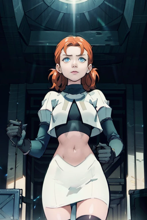 Annette War is wearing the Team Rocket uniform, which consists of a white skirt and a white crop top. She completes her outfit with black thigh-highs and black elbow gloves. The uniform prominently features a red letter R on the chest. Annette War is standing on a stage, looking down at a crowd of people. In her hand, she holds a microphone, which she uses to brainwash the audience with her captivating voice. The scene is illuminated by stage lights, casting a dramatic glow on Annette and the crowd. The artwork should have the best quality and resolution, with vibrant colors and ultra-detailed elements. The overall style of the image should reflect a mix of portraits and concept art, creating a visually stunning piece. The color palette should emphasize the contrasting red and white colors of the Team Rocket uniform, creating an eye-catching composition.