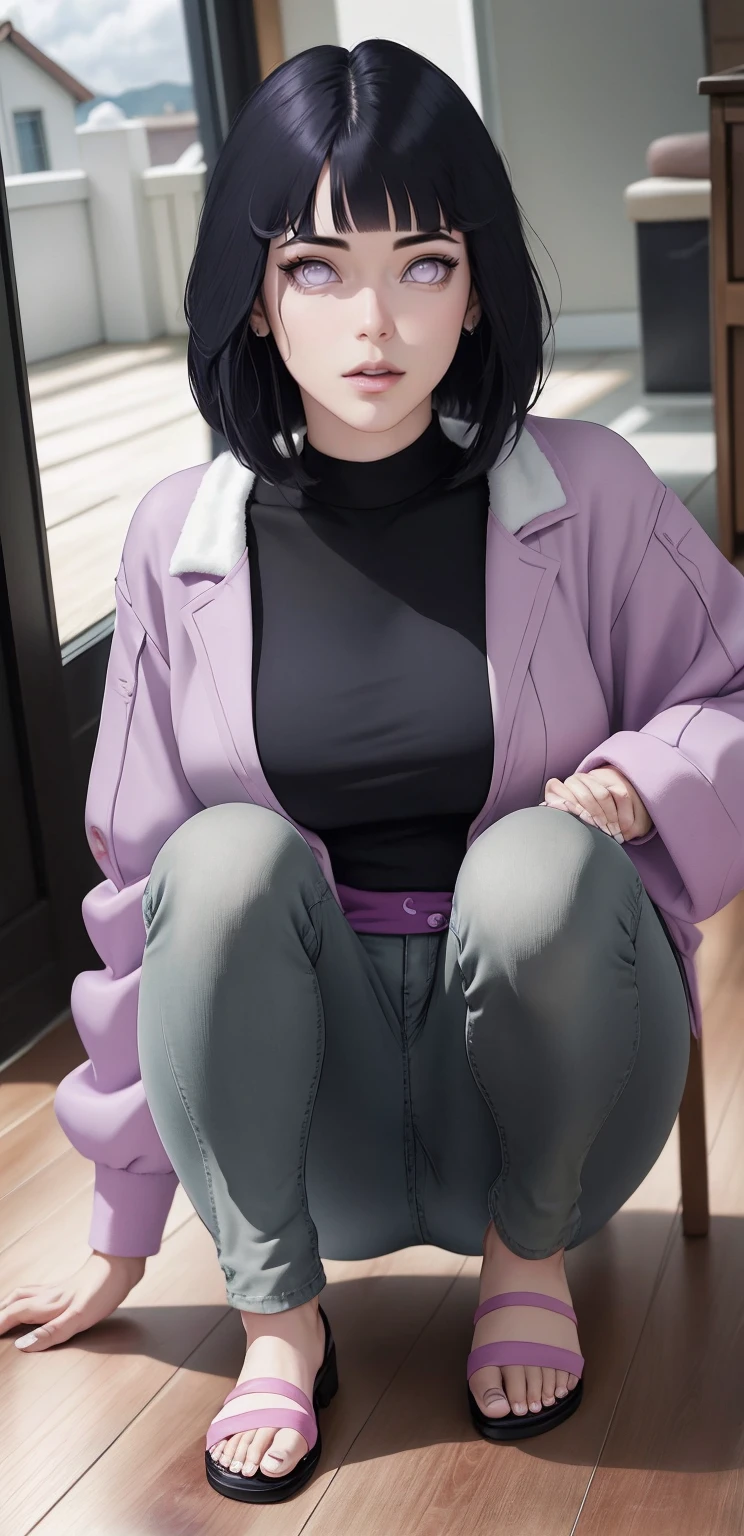 { - anatomy error} (Masterpiece - Ultra-detailed, very high resolution) , absurdos, Hinata\(Boruto\), 1girl, sozinho,Mature female, Capuz roxo,mangas em camadas, jeans, ao ar livre, Cloudy sky, perfect composition, circunstanciado lips, peito grande, beautiful face, body propotion, corar, (pink lips), cabelos pretos curto (black hair), lilac eyes, olhar suave, super realistic, circunstanciado, rosto e corpo realistas, Realistic hair, olhos realistas, nariz realista, realistic lips, anime. Walking on the floor with lilac shoes.