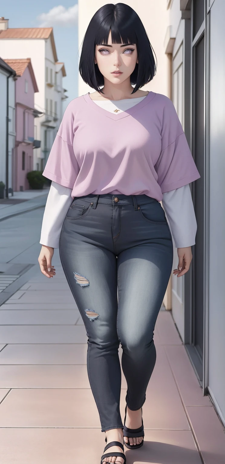 { - anatomy error} (Masterpiece - Ultra-detailed, very high resolution) , absurdos, Hinata\(Boruto\), 1girl, sozinho,Mature female, Capuz roxo,mangas em camadas, jeans, ao ar livre, Cloudy sky, perfect composition, circunstanciado lips, peito grande, beautiful face, body propotion, corar, (pink lips), cabelos pretos curto (black hair), lilac eyes, olhar suave, super realistic, circunstanciado, rosto e corpo realistas, Realistic hair, olhos realistas, nariz realista, realistic lips,  anime. Walking on the floor with lilac shoes.