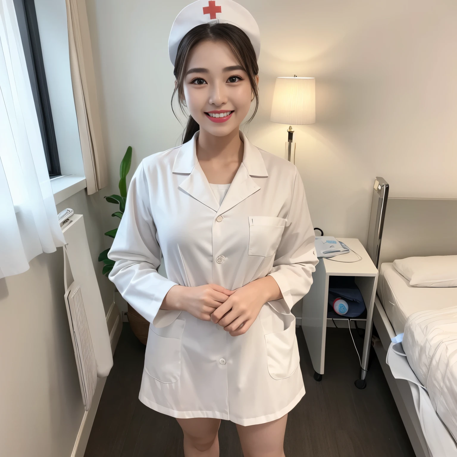 (highest quality、table top、8K、best image quality、Awards、hyper realism)、(very young 10 year old nurse girl:1.2)、(plain white real nurse cap:1.1)、(Plain white real nurse lab coat:1.1)、White inner、Large bulging chest、The background is a hospital room、The perfect hospital room with the most natural layout、The most beautiful perfect professional composition、(standing elegantly:1.1)、full body photo、accurate anatomy、the biggest smile when you look at me、perfect makeup、lipstick、eye shadow、long eyelashes、Beautiful glossy plump lips、Very bright、white beautiful teeth、The most beautiful fair skin with a glossy glow