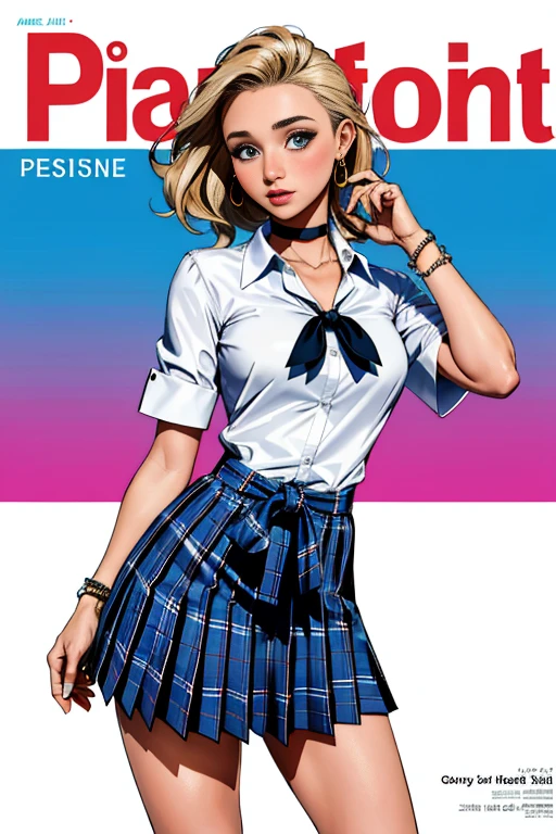 Hayden Panettiere、masterpiece, highest quality, whole body, 1 girl, black tie, blue skirt, blush, bracelet, chest, choker, clothes around it waist, clavicle, collared shirt, cowboy shot, dress shirt, ear earrings, eyebrows visible through hair, looking at the viewer, loose tie, tie, earrings, Plaid, Plaid skirt, pleated skirt,ring, , shirt, skirt, alone, white shirt, street, null, cherry blossoms, petal,figure, (magazine:1.3), (cover-style:1.3), fashionable, woman, vibrant, clothing, take a pose, front, colorful, dynamic, background, element, With confidence, Performance, holding, statement, accessories, majestic, coiled, around it, touch, scene, article, cover, bold, to attract attention, title, stylish, Font, catchy, headline, bigger, impressive, modern, trend, concentrated, fashion,