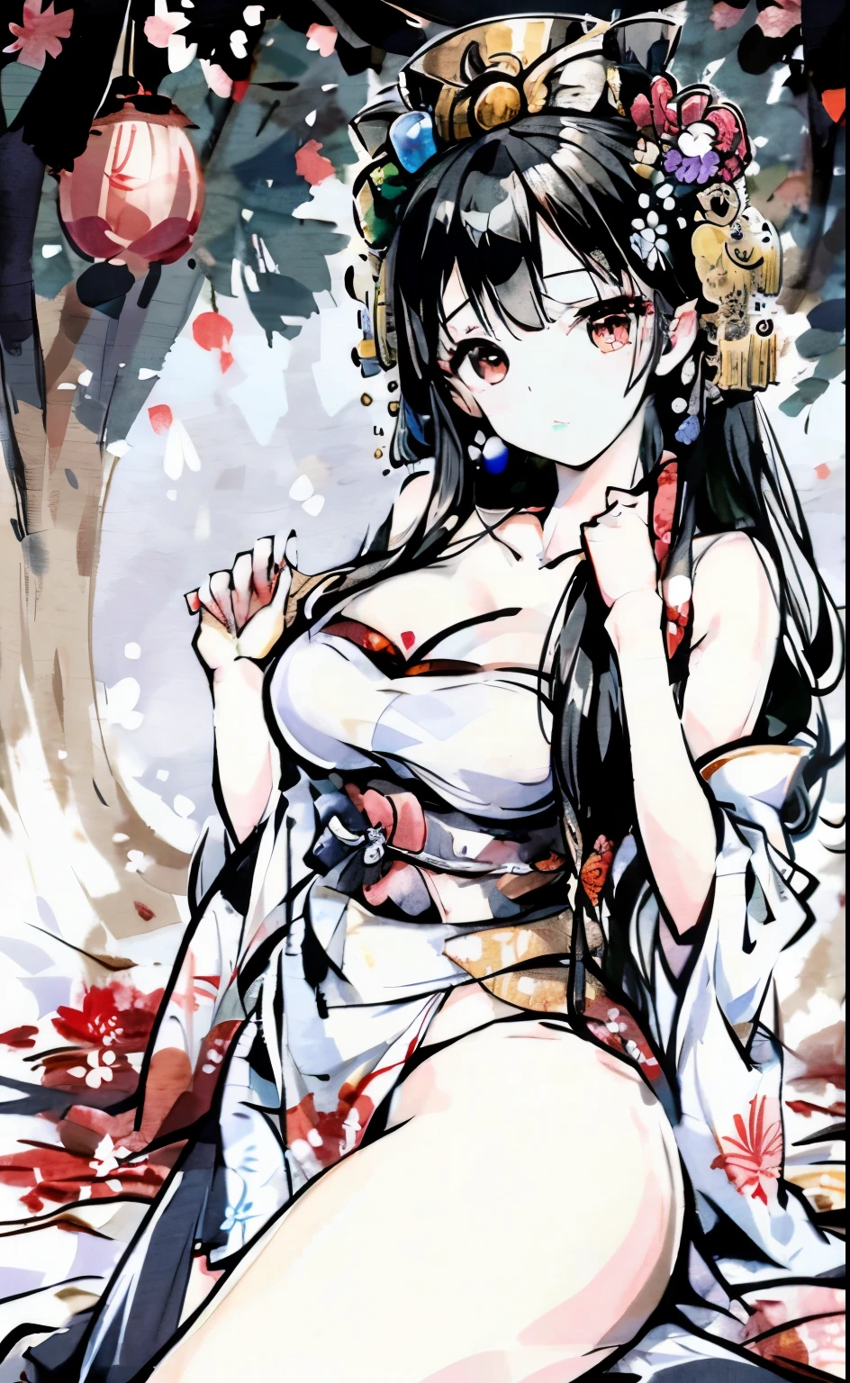 (Fox Girl, Fox Ears, Black colored hair, Fox Makeup, One Girl, Long Hair:1.6), (kimono, Kimono with open chest, A beautiful kimono with red and black patterns, I can see her cleavage, Open chest, Exposed skin:1.8), (Body measurements are 75-60-75!, Young girl body, Small breasts, Small breasts, Emphasize the chest, Knees are slightly visible, Muscular, Abdominal muscles, Hide your own chest with your hands:1.9), Avatar, face, lewd face, Dominant representation, naughty face, Uplifting, Skin Texture, outside, Grassy field