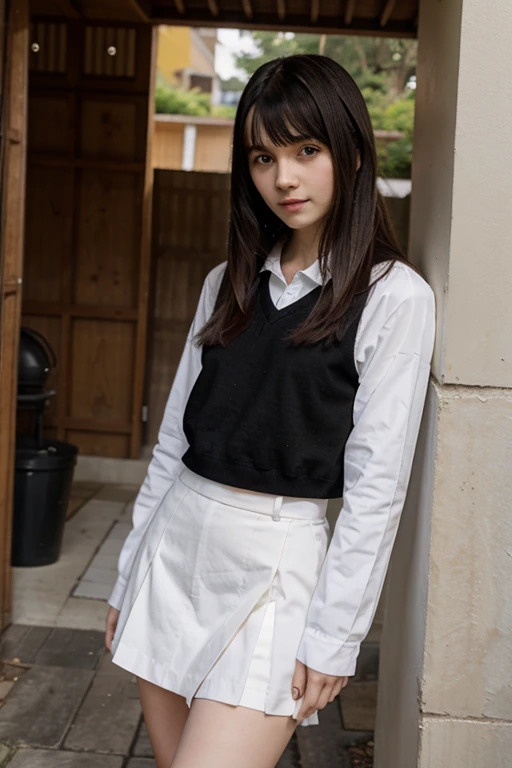  girl pale skin medium straight hair with black bangs and wearing a Japanese school skirt, en casa