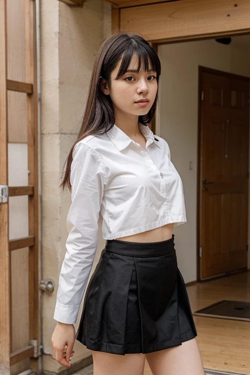 realistic, High resolution, soft light,1 female, alone, hip up, (detailed face),tattoo, jewelry, Current School Classrooms,On the podium,wear a uniform、(Black flared skirt),Biggest,chest is low, long hair、((ponytail))、((Panty shot))、((mix4))、((exterior々color付きのパンティー))、((color々colorのついた髪))
