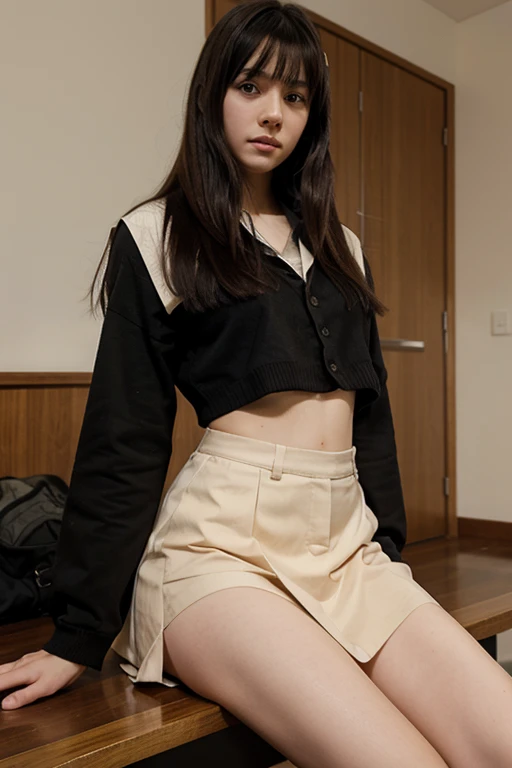  girl pale skin medium straight hair with black bangs and wearing a Japanese school skirt, en casa