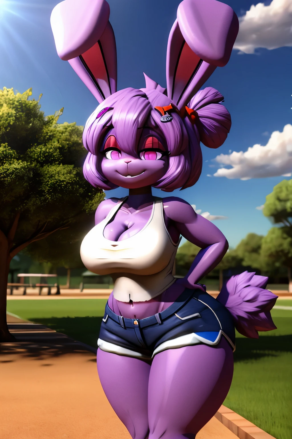 (best quality,3d,ultra-detailed), 1girl, solo, anthro, 3d render, cally3d, (shorts), (tank top), (bonfie:1.5), (short:1.5), (:2), (at the park), sweaty, pink eyes, one eye covered, Bunny ears, smile, two toned fur, smooth body, long hair, (purple hair), purple body, red eyeshadow, bunny nose, (hair clips), 