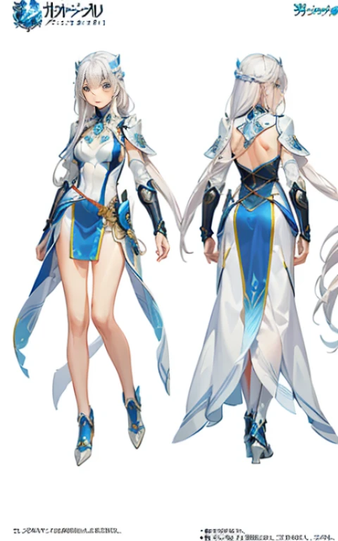(masterpiece)),(((best quality)),((character design sheet, same character, front, side, back)), illustration, 1 girl, long white hair, hair in eyes, beautiful blue eyes, environment Scene change, pose too, female ice warrior, ice armor, holds a blue dagger, (single background, white background: 1.3)