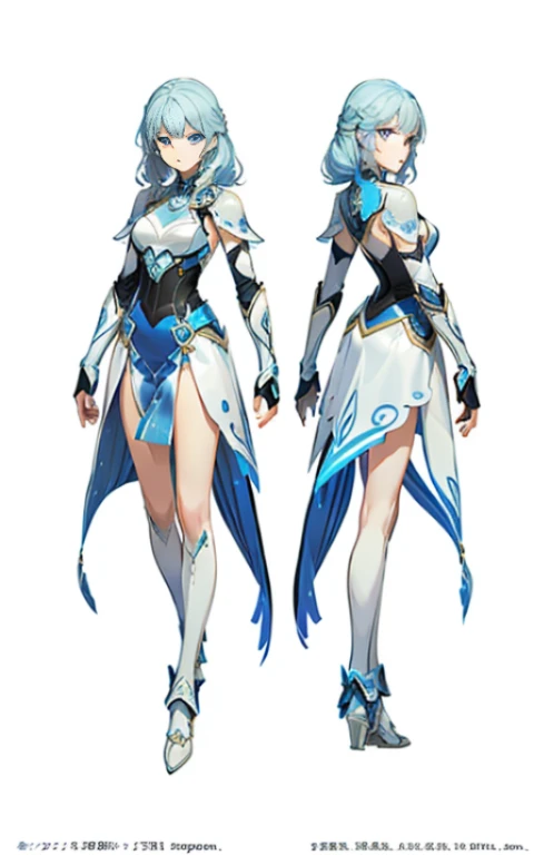 (masterpiece)),(((best quality)),((character design sheet, same character, front, side, back)), illustration, 1 girl, long white hair, hair in eyes, beautiful blue eyes, environment Scene change, pose too, female ice warrior, ice armor, holds a blue dagger, (single background, white background: 1.3)