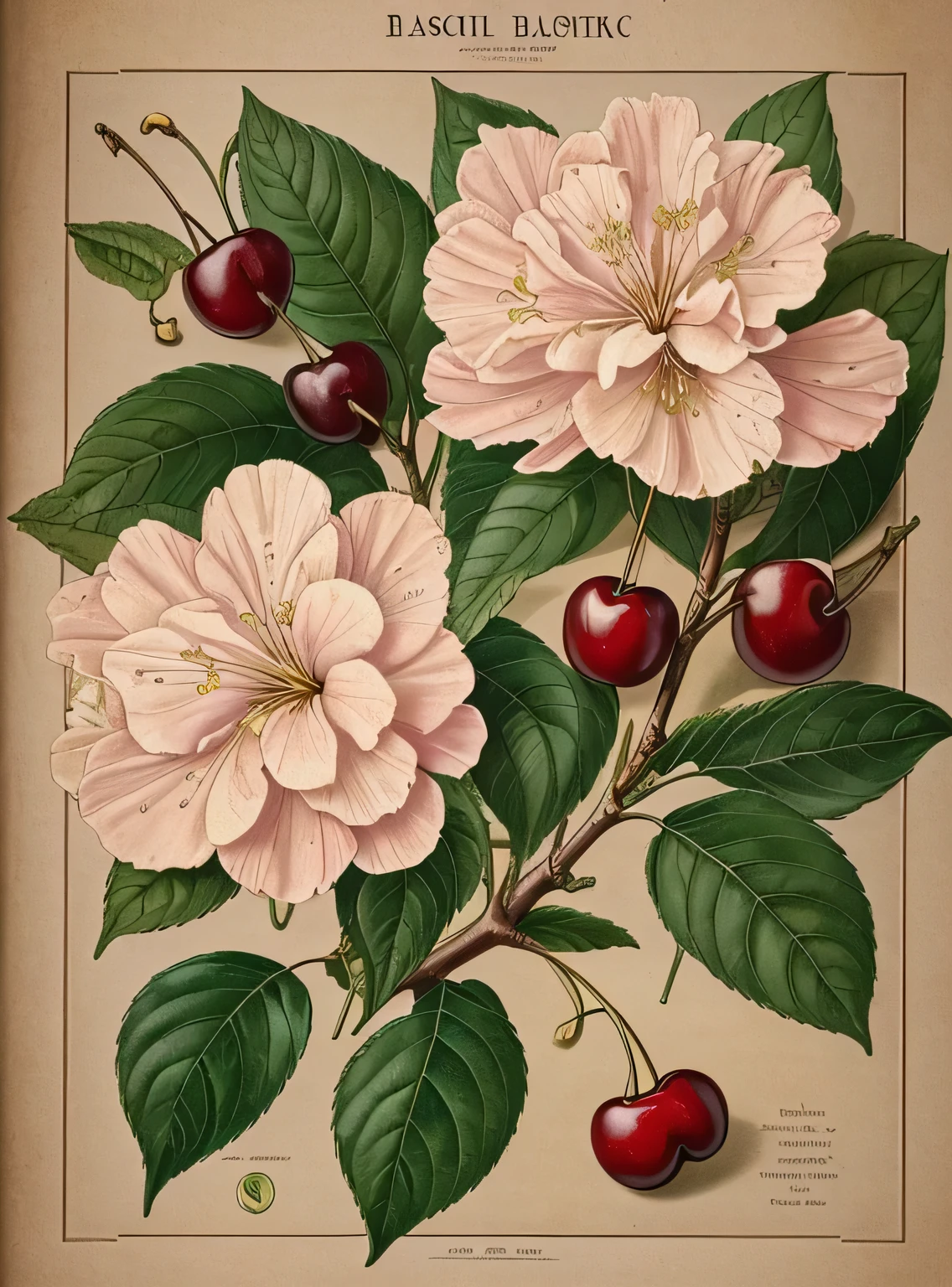 Estilo vitoriano vintage　Accurate botanical encyclopedia (melhor qualidade:1.2), (detalhado:1.2), (obra de arte:1.2), vintage botanical illustrations of cherries and cereja blossom flowers, ((cereja))