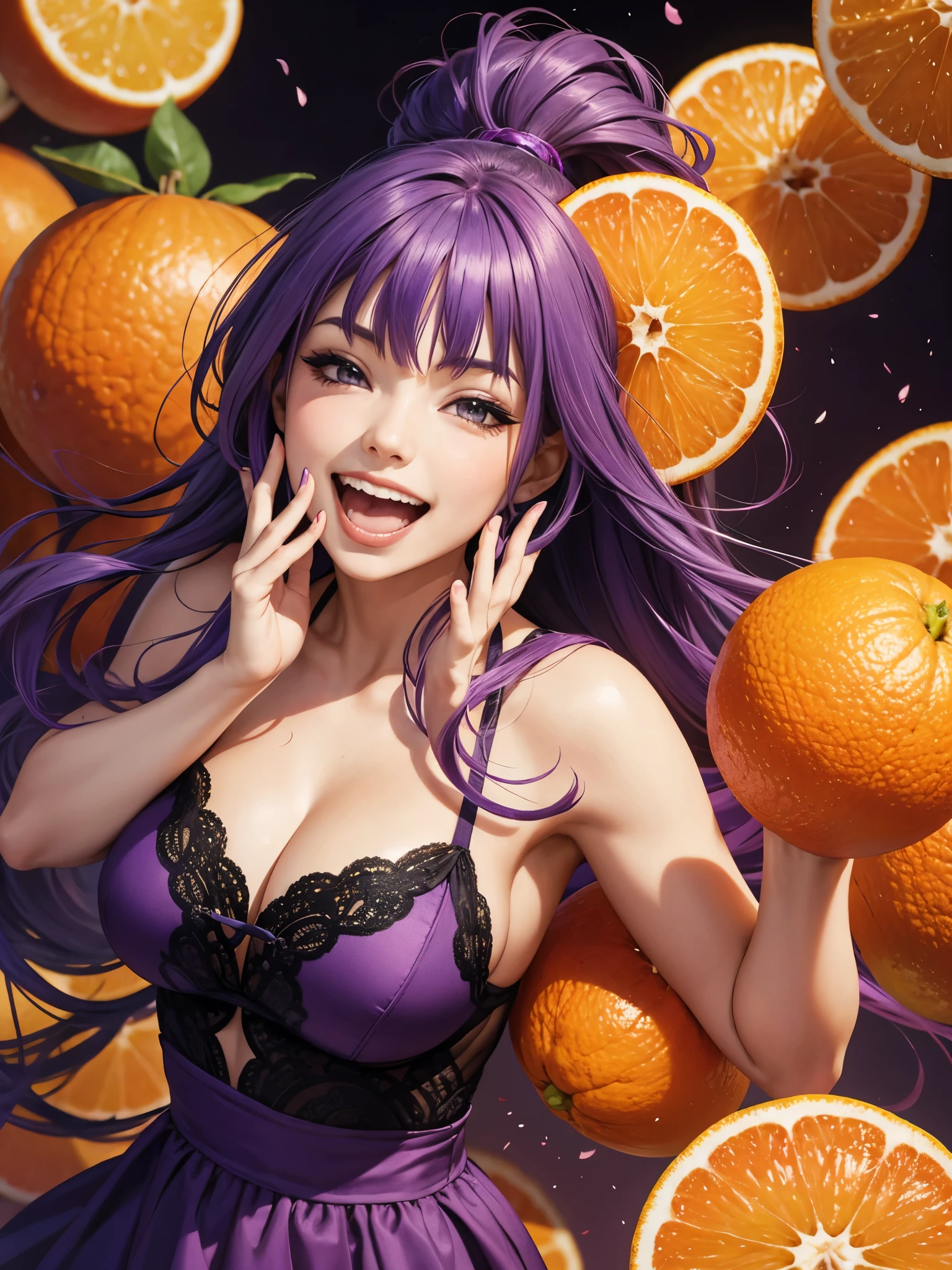 purple hair,  a girl laughing, open mouth, background full of oranges ,
