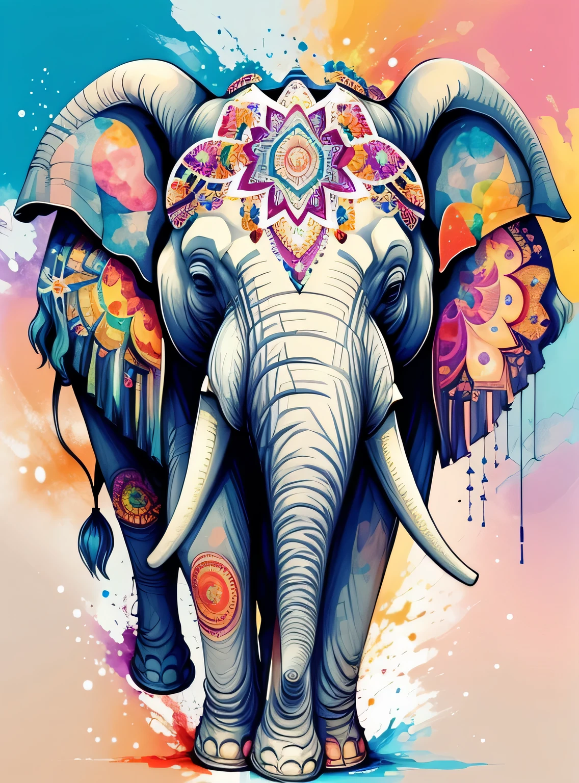 A kaleidoscope radiating joy with a majestic elephant head in the central vector, alcohol ink and impasto mix painting,  blast, 
Yang08k,  Lindo,  colorida,
obras-primas, maximum quality, melhor qualidade, arte oficial, Lindo and aesthetic,