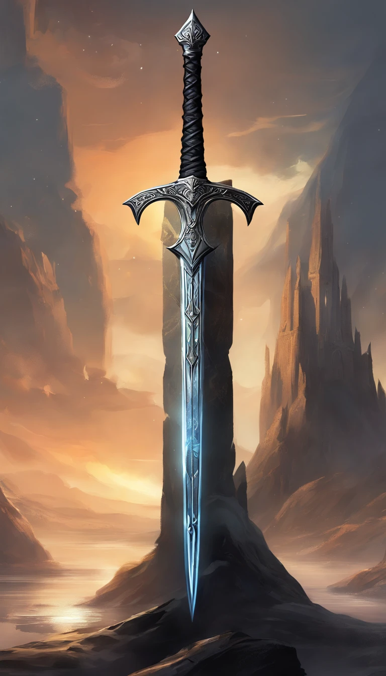 A large, Powerful, black legendary sword with many
runic details, tech