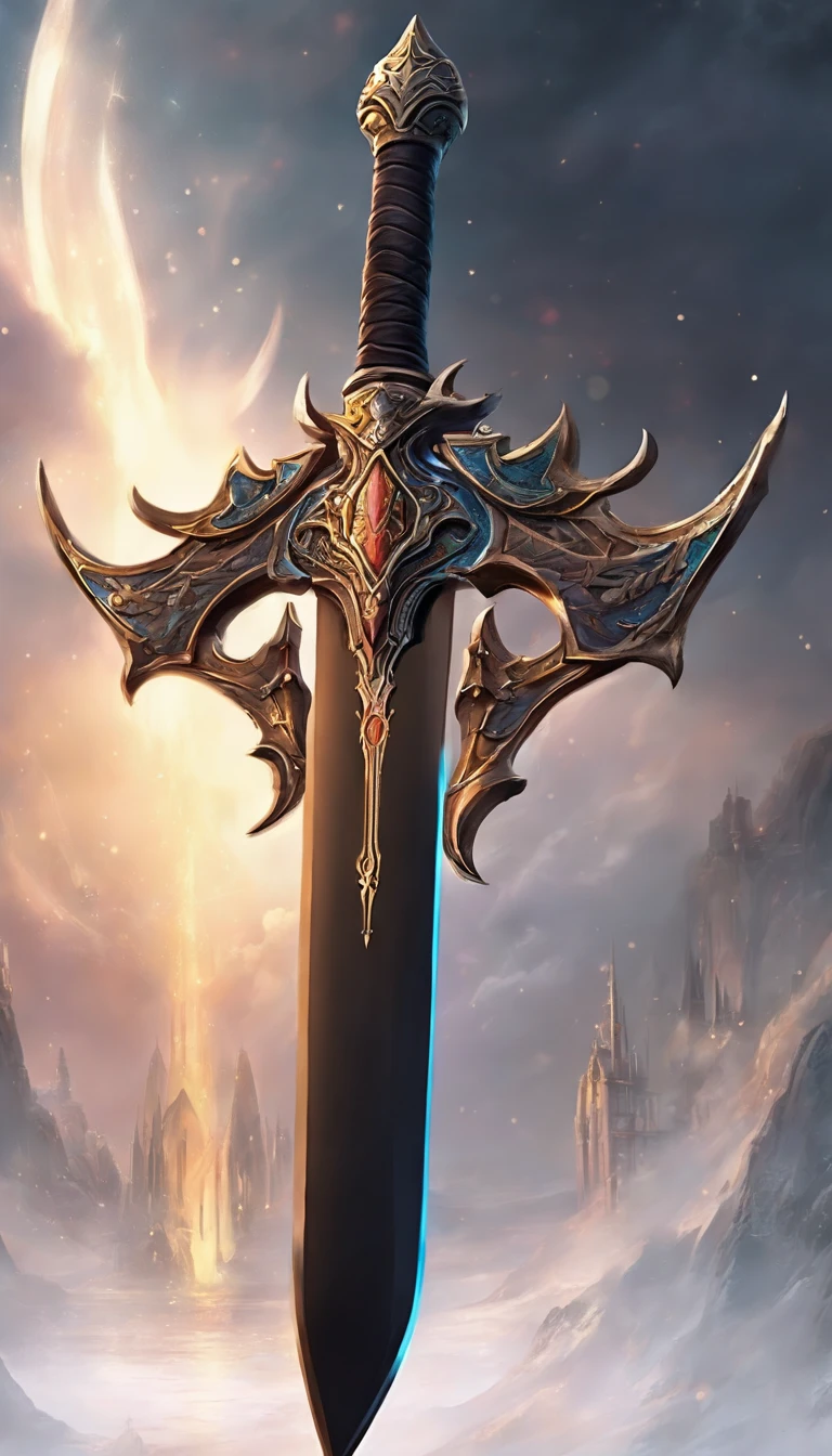 A large, Powerful, black legendary sword with many
runic details, tech