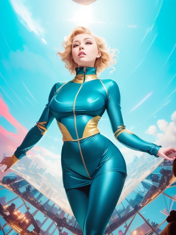 Fantastic Four POV Vast Soo Storm, 1 girl, ((Thin)), Perfect face, ((Blonde)), Sexy look and lips between open,  Wearing ((Full body)) In latex (((Blue)) with detail ((gold)) And ((Number 4 engraved on the chest)), turtle neck, ((Full body)), ((actionpose)), by kaethe butcher, John Klassen, Gil Elvgren, Bill Plimpton, Kate Beaton, enoch bolles, Rolf Armstrong,  Winsor McKay, Jean James, moebius, Official art, Unity 8k壁纸, ultra-detailliert, Beautiful and aesthetic, masutepiece, Best Quality, (Dynamic Angle: 1.4), Glossy leather, (Floating Color Glow: 1) Most Beautiful Form of Chaos, flowerpunk, Elegant, Brutalist design, Vivid colors, romanticism, ultra wide-angle