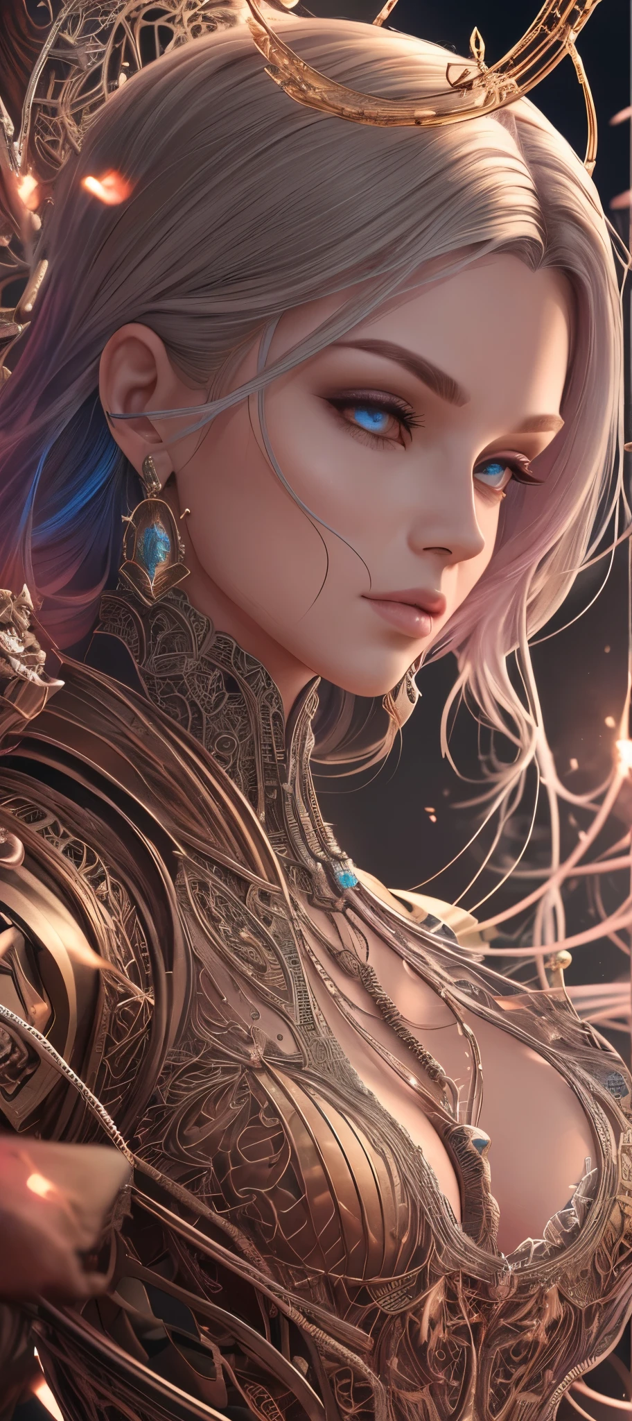 complex 3d render ultra detailed beautiful death angel, biomechanical cyborg, analog 150 mm lens, beautiful natural soft rim light, neon vein, roots, fine foliage lace, colorful details, Boris Bidjan Saberi outfit, pearl earrings, piercing, art nouveau fashion embroidered, intricate details, mesh wire, mandelbrot fractal, facial muscles, cable wires, microchip, badass, hyper realistic, ultra detailed, octane render, volumetric lighting, 8k post-production, red and white with a bit of black, detailled metalic bones, semi human, iridescent colors, Glenn Brown style, futuristic room, power of the god, high-angle shot, complex body poses