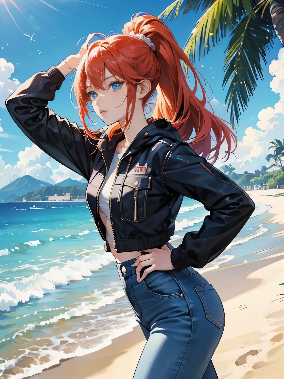 very colorful, pop feel, in.s. west coast, summer image, Palm tree, seaside, anime woman with orange ponytail, Around 25 years old, wearing a jacket, blue jeans, perfect tall model body, cool beauty, it will happen, Anime drawing by Yang J, Trending at Art station, realism, extremely detailed The germ of art, Realistic anime 3D style, anime style 4 k, モデルまin | The germ of art, anime style. 8K, casual clothes, realistic anime art style, style The germ of art, Tsundere girls, sad expression, The end of a summer love, sharp outline, highest quality, perfect angle, perfect composition, best shot, official art,CD jacket, 80s city pop, very stylish, Anime girl with red hair and blue jeans standing on the beach, an anime drawing inspired by Ross Tran, pixiv, fantasy art, anime style 4k, realistic anime art style, highly detailed art germ, attractive anime girl, beautiful anime girl, 4k anime wallpaper, anime art wallpaper 4k, anime art wallpaper 4k, anime wallpaper 4k