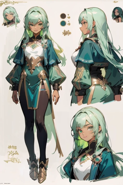 a close up of a person with long hair and a green dress, interesting character design, anime character design, ((dark skin)), anime character art, 8k, RAW photo, highest quality), (1 girl), (((beautiful young ebony girl))), teen, teal hair, teal eyes, smile, (detailed eyes:0.8), (looking at the camera:1.4), (highest quality), (best shadow), intricate details, interior, dark studio, muted colors, (to8contrast style), great character design, high quality character design, trending on artstation pixiv, pretty anime character design, detailed anime character art, anime concept art, character design art, professional character design, by senior character artist, beautiful full body concept art