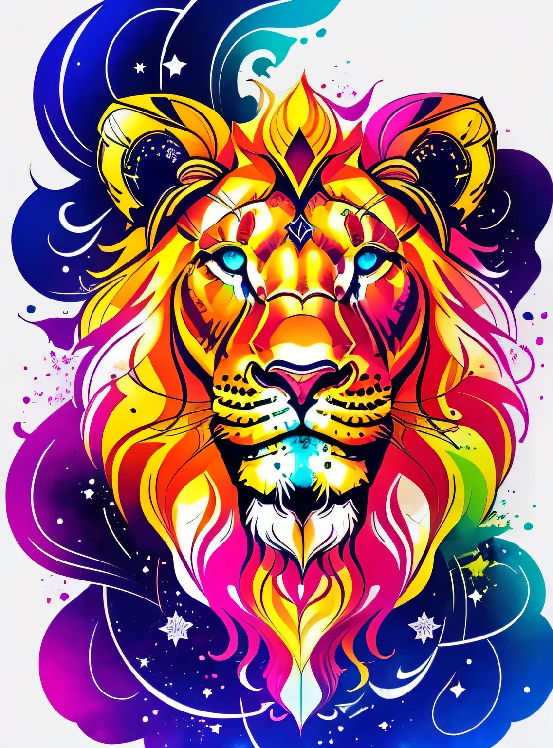 Detailed illustration of the constellation Leo, respingo de flor, Design de camiseta, Cores vivas realistas,  arte vetorial, adorable, arte de fantasia, amor , Efeitos detalhados de aquarela, pintura digital, Luz suave, panoramic view, isometric style, retro aesthetics, Foco no personagem, 4k resolution, sem fundo, Realistic rendering, usando Cinema 4D, fundo branco isolado, estilo do logotipo