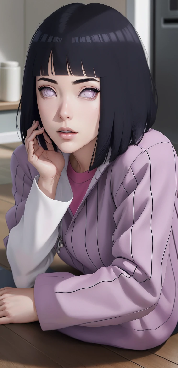 { - anatomy error} (Masterpiece - Ultra-detailed, very high resolution) , absurdos, Hinata\(Boruto\), 1girl, sozinho,Mature female, Capuz roxo,mangas em camadas, jeans, ao ar livre, Cloudy sky, perfect composition, circunstanciado lips, peito grande, beautiful face, body propotion, corar, (pink lips), cabelos pretos curto (black hair), lilac eyes, olhar suave, super realistic, circunstanciado, rosto e corpo realistas, Realistic hair, olhos realistas, nariz realista, realistic lips, anime. Walking on the floor with lilac shoes.