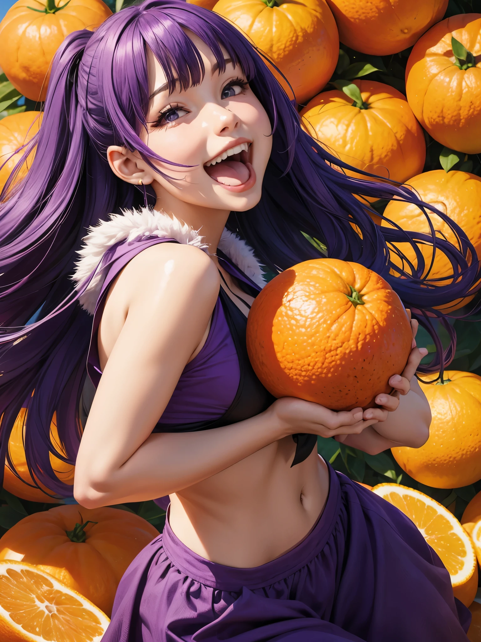 purple hair,  a girl laughing, open mouth, background full of oranges ,