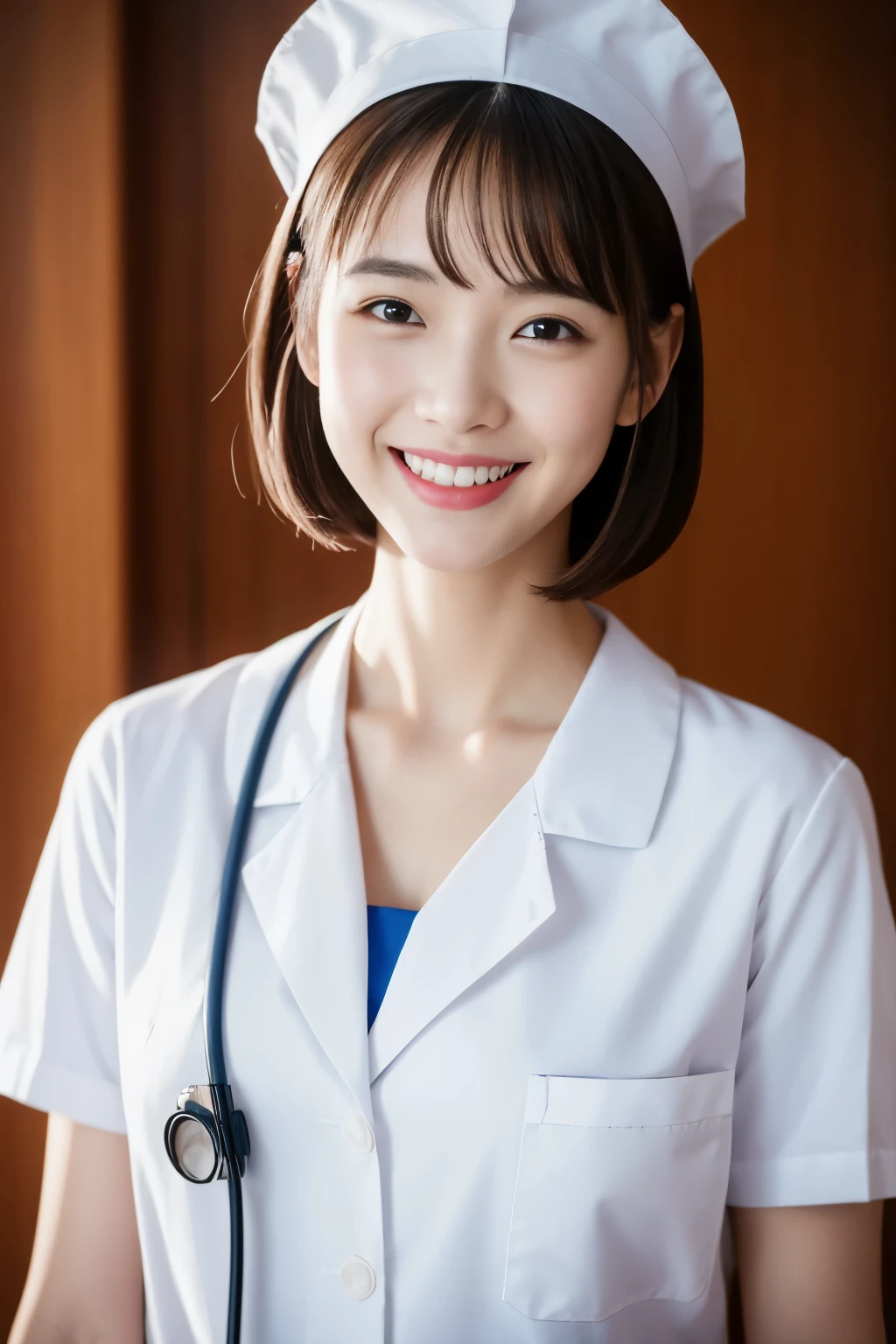 1 slender girl, flat chest, white nurse uniforms, nurse cap, bangs, with clipboard, smiling, with staffs, cinematic lighting, (8k, masterpiece, best quality, raw photo), action