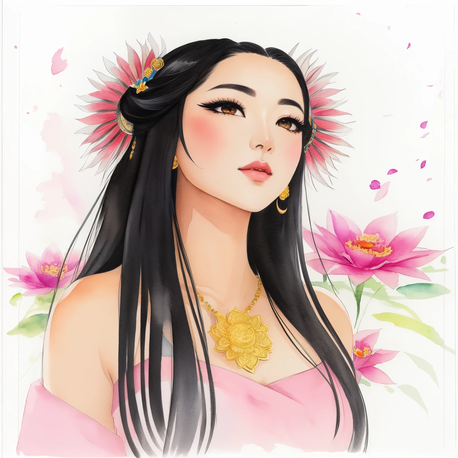 un dibujo de una mujer con cabello largo y negro y una flor, Reina del loto rosa, inspirado por Xie Sun, Diosa de las flores, Chica de la corona floral de loto, in bowater art style, inspirado por Kim Du-ryang, Retrato de una bella diosa, Acuarela y pluma, inspirado por INO, watercolor pencil + dibujo a tinta, acuarelado