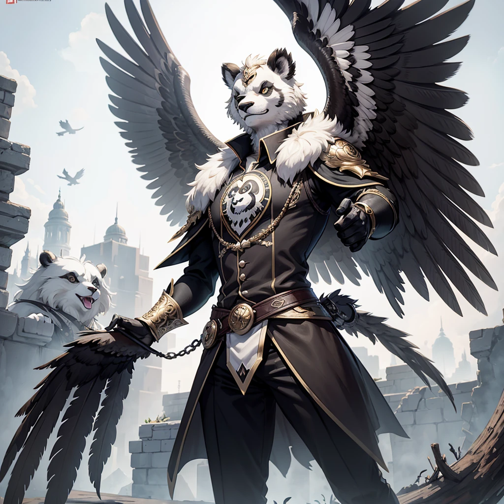 Griffin with a Wolfs head, Hawk Wings, panda body, wearing luxurious clothing.