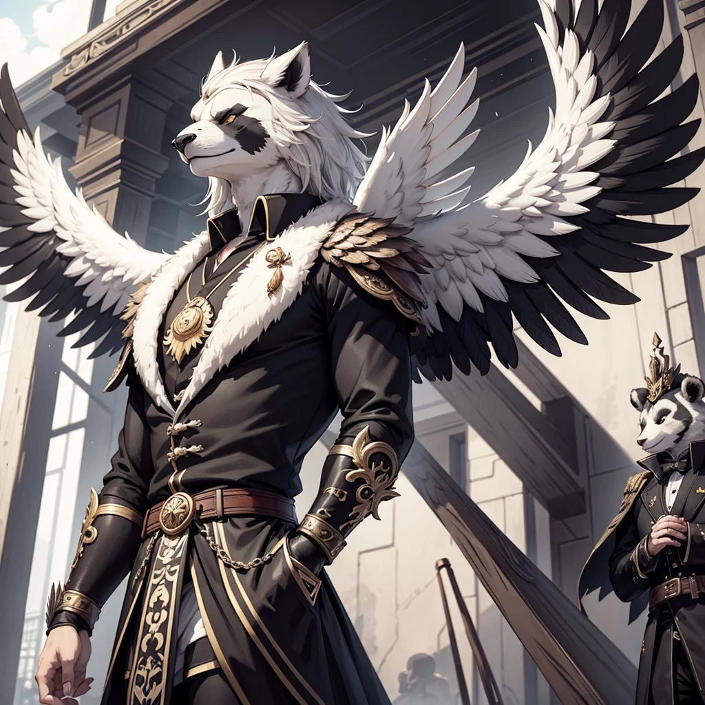 Griffin with a Wolfs head, Hawk Wings, panda body, wearing luxurious clothing.