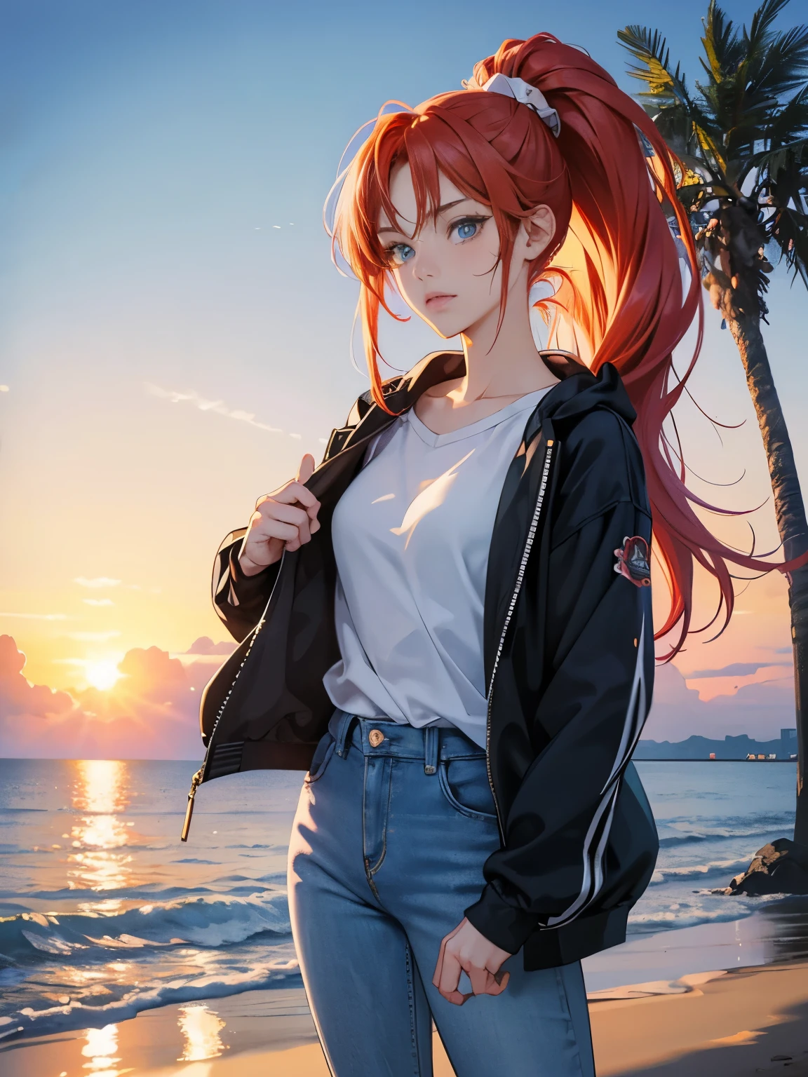 very colorful, pop feel, in.s. west coast, summer image, Palm tree, seaside, anime woman with orange ponytail, Around 25 years old, wearing a jacket, blue jeans, perfect tall model body, cool beauty, it will happen, Anime drawing by Yang J, Trending at Art station, realism, extremely detailed The germ of art, Realistic anime 3D style, anime style 4 k, モデルまin | The germ of art, anime style. 8K, casual clothes, realistic anime art style, style The germ of art, Tsundere girls, sunset beach, sad expression, The end of a summer love, sharp outline, highest quality, perfect angle, perfect composition, best shot, official art,CD jacket, 80s city pop, very stylish, Anime girl with red hair and blue jeans standing on the beach, an anime drawing inspired by Ross Tran, pixiv, fantasy art, anime style 4k, realistic anime art style, highly detailed art germ, attractive anime girl, beautiful anime girl, 4k anime wallpaper, anime art wallpaper 4k, anime art wallpaper 4k, anime wallpaper 4k
