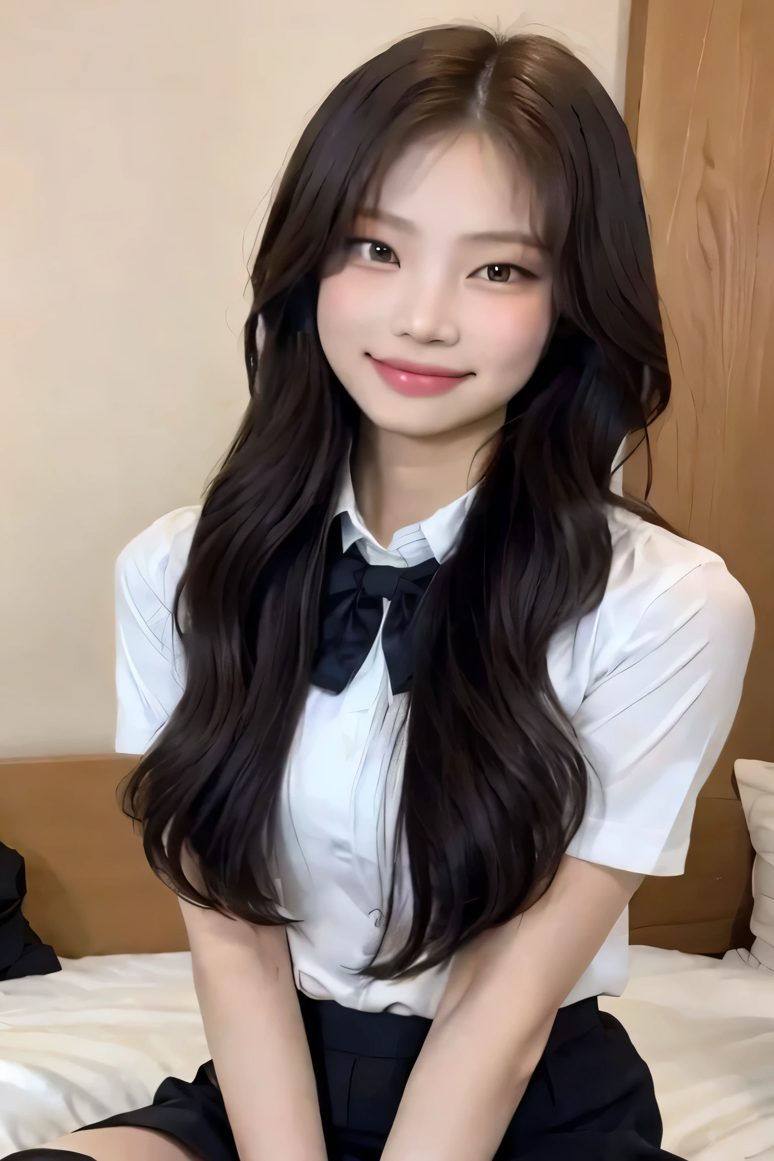 Araffe Asian woman in a white shirt and black skirt, sentada em uma cama, Menina coreana, jaeyeon nam, com cabelo comprido, Ulzzang, linda jovem coreana, adorable and pale korean face, linda mulher sul-coreana, asian girl com cabelo comprido, penteado com corte hime branco, linda jovem coreana, cabelo castanho longo com franja, tzuyu de duas vezes