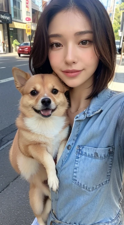 ((highest quality、8K、masterpiece:1.3))、1 girl、laughter、Full body Esbian、slim face、Beautiful woman、short bob、(dark brown hair)、Thin shirt、shorts:1.1、highly detailed face、detailed eye、double eyelid、blurred background、slim face、city、Take-out、street、Stay with the dog:1.3、pet、Staring at the dog