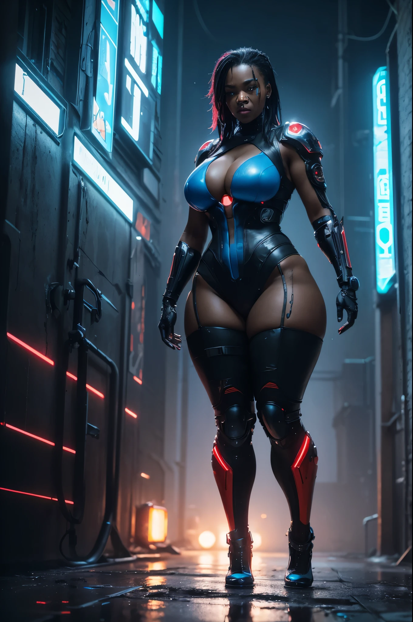 best quality)), ((artwork)), (detailed:1.4) an image of a woman Black Woman (cyberpunk cyborg), cyberpunk superheroine, Wear blue and red leather clothing that fits your body, standing on the ruins of a futuristic city with neon lights, battlefield, (ruins), rule of thirds,8K RAW,(curvY:1.3), (FULL BODY :1.2), (BIG BREASTS:1.2), (sexy:1.3), (Crying:1.2), (WET), (TEARS:1.2), (FROM SIDE:1.2),