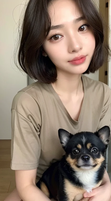 ((highest quality、8K、masterpiece:1.3))、1 girl、laughter、Full body Esbian、slim face、Beautiful woman、short bob、(dark brown hair)、Thin shirt、shorts:1.1、highly detailed face、detailed eye、double eyelid、blurred background、slim face、city、Take-out、street、Stay with the dog:1.3、pet、Staring at the dog
