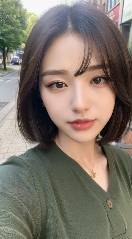 ((highest quality、8K、masterpiece:1.3))、1 girl、laughter、Full body Esbian、slim face、Beautiful woman、short bob、(dark brown hair)、Thin shirt、shorts:1.1、highly detailed face、detailed eye、double eyelid、blurred background、slim face、city、Take-out、street、Stay with the dog:1.3、pet、Staring at the dog
