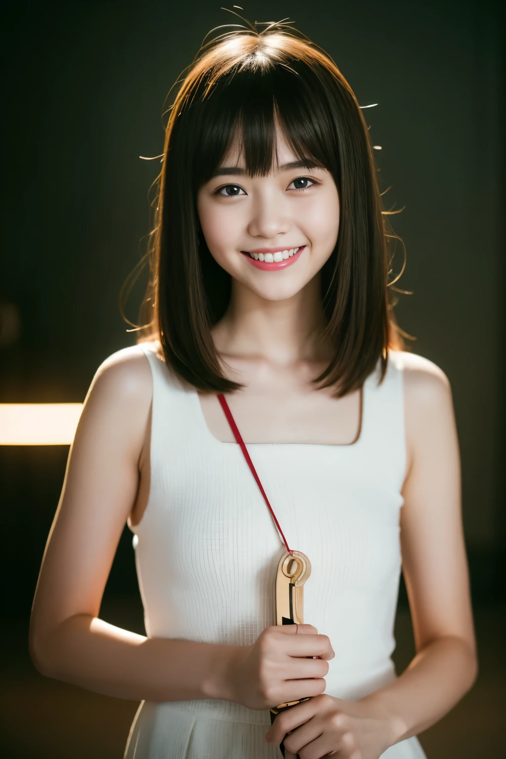 1 slender girl, bangs, holding clipboard, smiling, with staff, cinematic lighting, (8k, masterpiece, top quality, raw photo), action