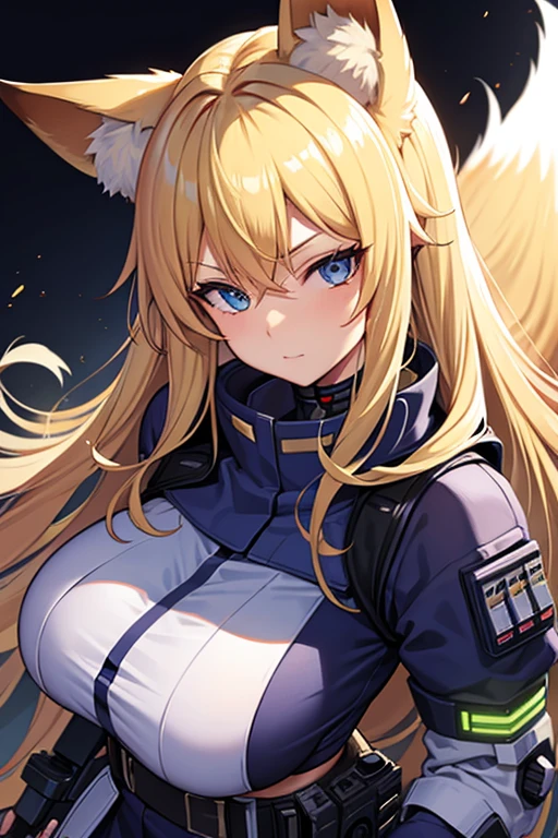 fox ears　blonde　cyber punk　cyborg　magic　high school girl　big breasts　uniform　gun　magician