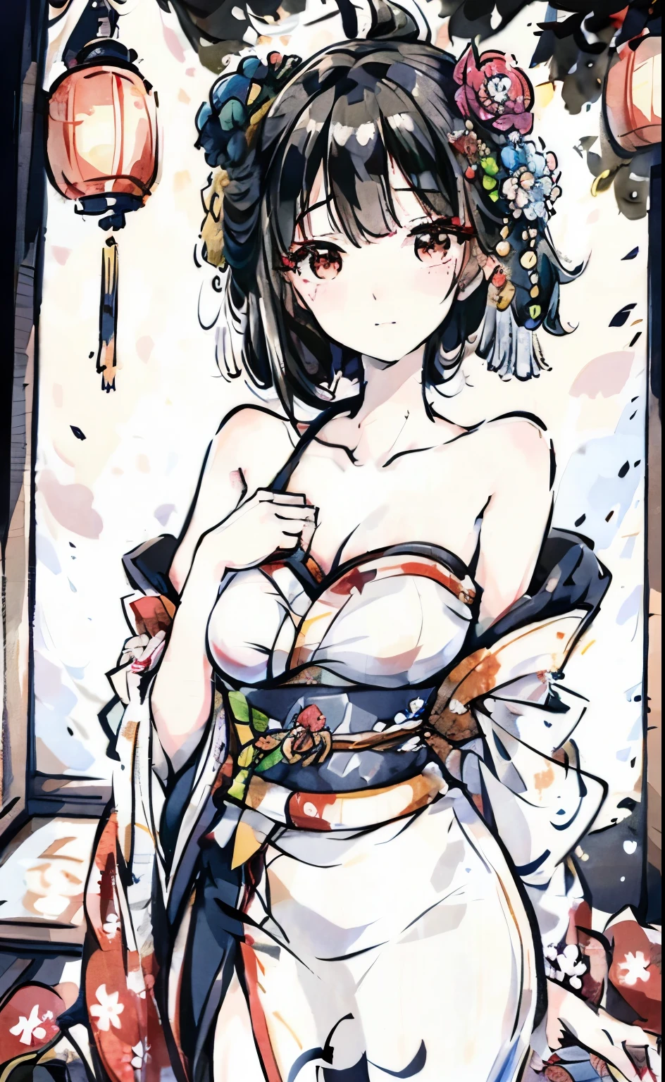 a sexy woman in a kimono dress holding a flower in her hand, japanese art style, traditional japanese art, old japanese art, classical japanese art, autumnal empress, japanese art, beauty geisha , big breasts , japanese art art, japanese geisha sexy , beautiful character painting, intricate geisha kimono, skilled geisha of the japanese, geisha, traditional japanese painting, female geisha girl