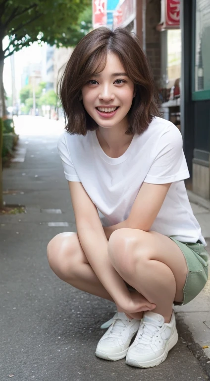 ((highest quality、8K、masterpiece:1.3))、1 girl、laughter、Full body Esbian、slim face、Beautiful woman、short bob、(dark brown hair)、Thin shirt、shorts:1.1、highly detailed face、detailed eye、double eyelid、blurred background、slim face、city、Take-out、street、Stay with the dog:1.3、pet、Staring at the dog