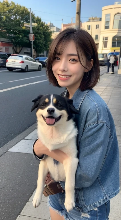 ((highest quality、8K、masterpiece:1.3))、1 girl、laughter、Full body Esbian、slim face、Beautiful woman、short bob、(dark brown hair)、Thin shirt、shorts:1.1、highly detailed face、detailed eye、double eyelid、blurred background、slim face、city、Take-out、street、Stay with the dog:1.3、pet、Staring at the dog