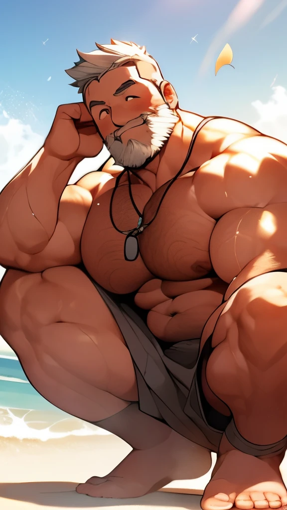 outdoors,mature male,  happy, '', nijimale, old man, brown skin, long white hair, white beard, white mustache, big far, overweight, large body, big, big male, chubby, obese, thick arms, thick legs, hairy body, (tight red speedo, hard penis, penis outline, bulge, brown sandals, brown seashell necklace, shirtless) seductive expression, thick eyebrows, detailed face, sweating, blushing, smiling, teeth, one arm raised, hairy armpit, crouching, full body, sweaty, beach setting, daytime, extreme heat, hot temperature, under shade, warm lighting, high quality, 